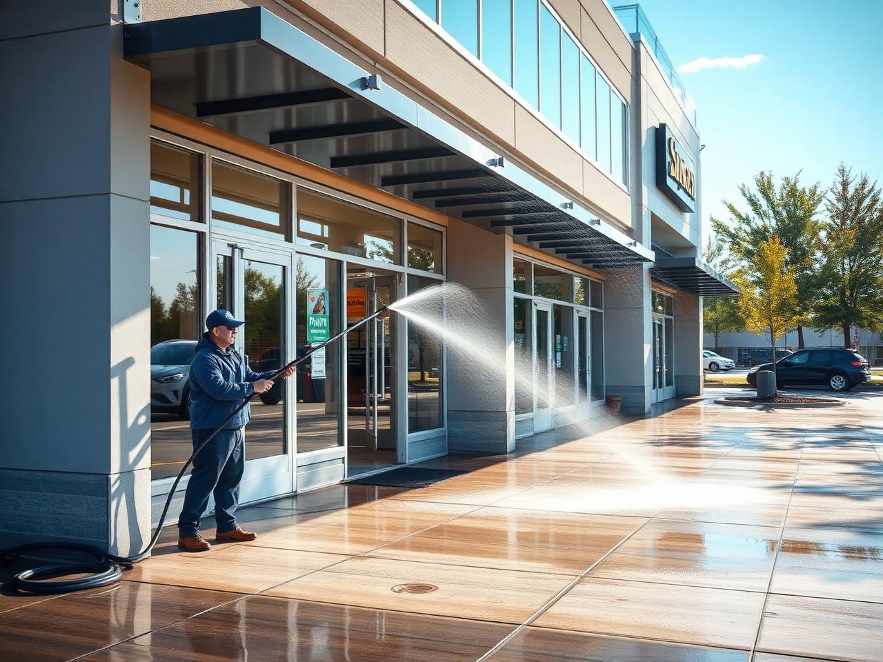 Professional exterior cleaning at a commercial property