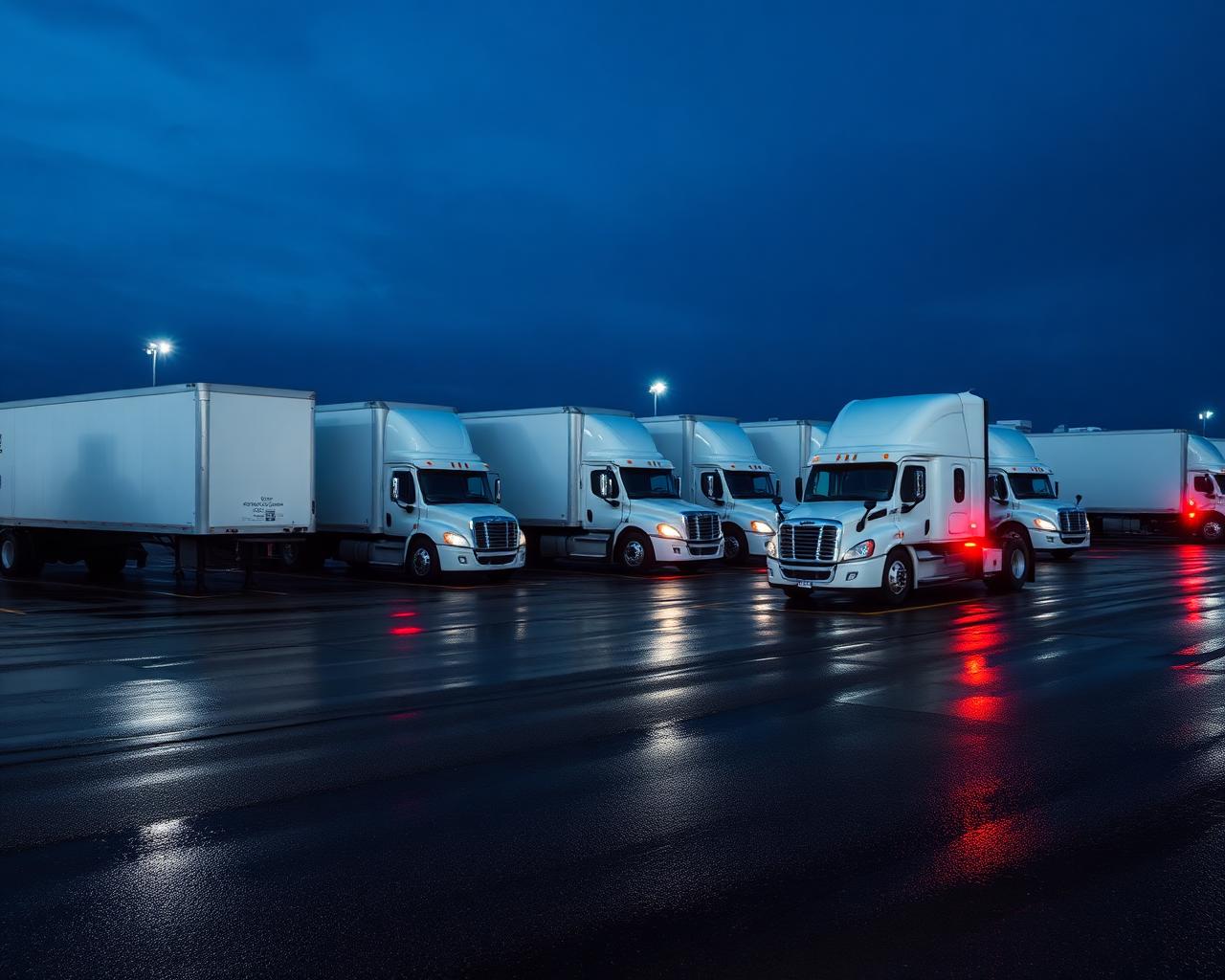Freshly washed truck fleet lined up at dusk