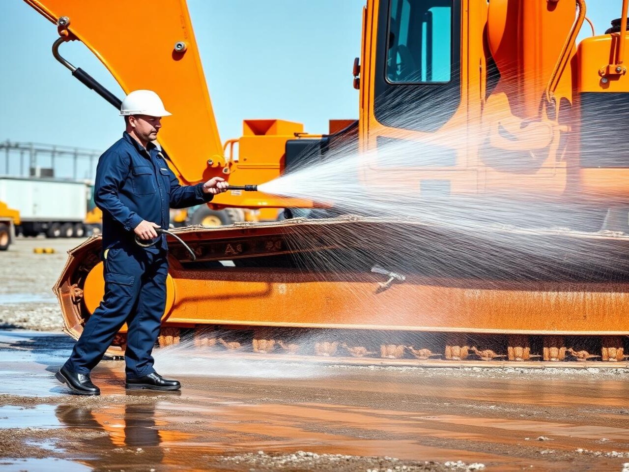 Heavy excavator being pressure washed on a jobsite