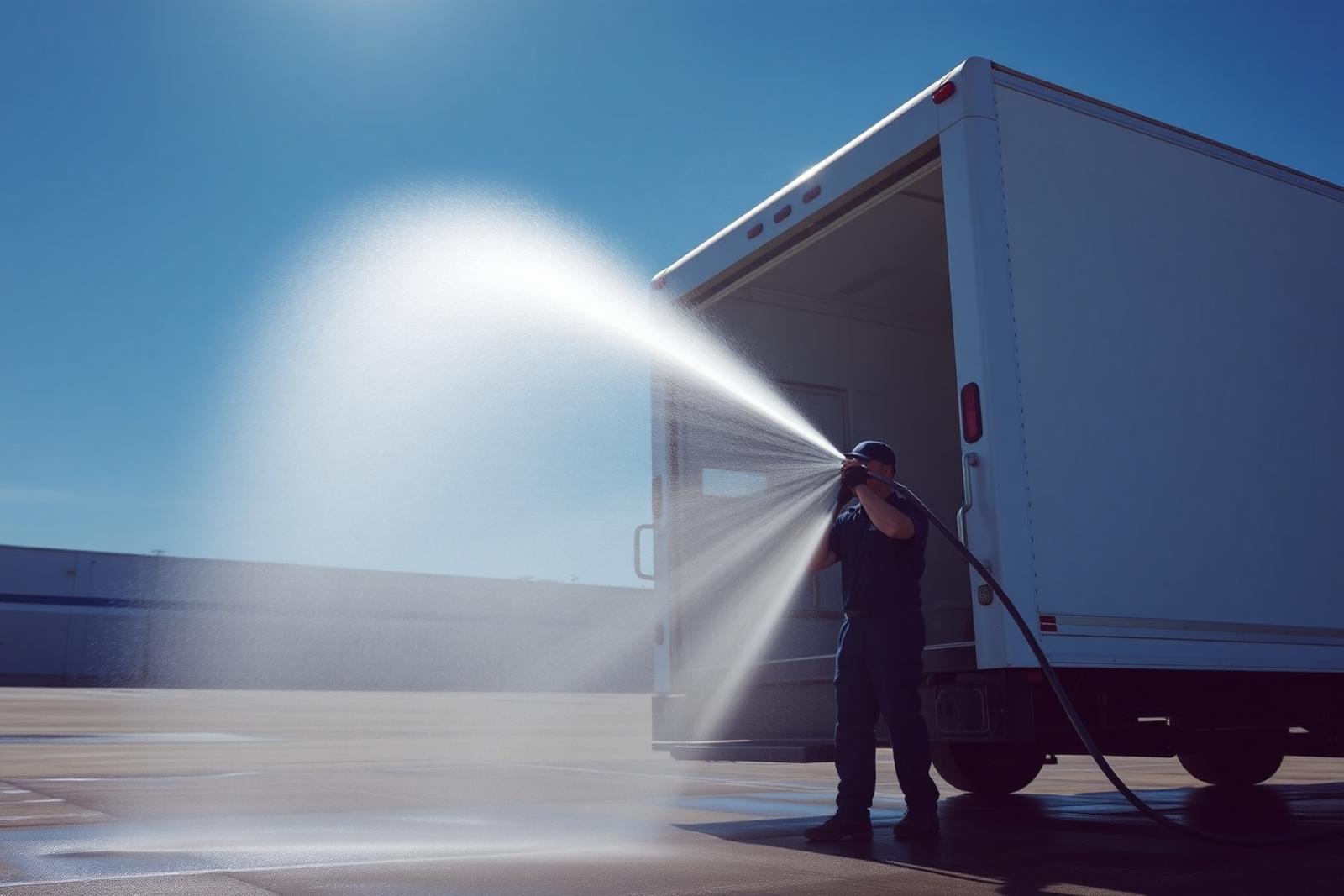 Ruby's Mobile Wash technician pressure washing a commercial fleet truck